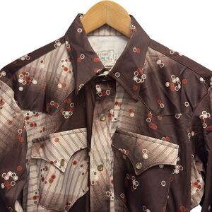 H Bar C Vtg 70's Mens 15.5/33 Western Pearl Snap Brown Geometric Long Tail Shirt